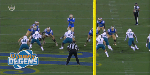 a group of football players are running on a field with the words dynasty degens in the corner