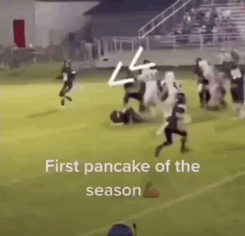 A Group Of Football Players Are Running On A Field With The Words `` First Pancake Of The Season '' Written On The Botto GIF