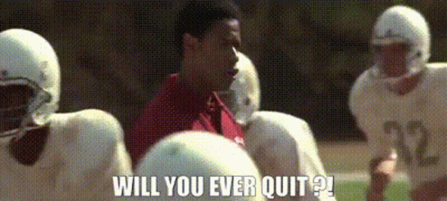 A Group Of Football Players Are Sitting In A Huddle With The Words Will You Ever Quit On The Bottom GIF