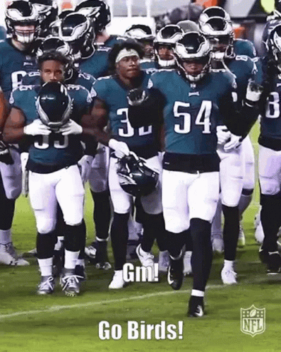 A Group Of Football Players Are Walking On A Field With The Words `` Go Birds '' Written On The Bottom . GIF