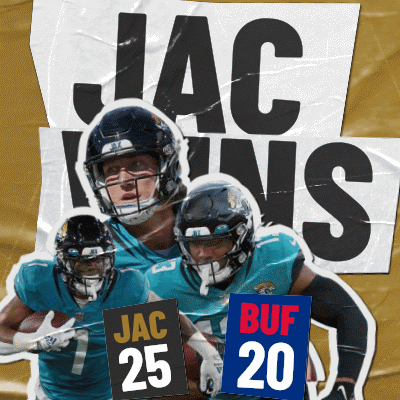 A Group Of Football Players Holding Signs That Say Jac 25 Buf 20 And Jac 25 GIF
