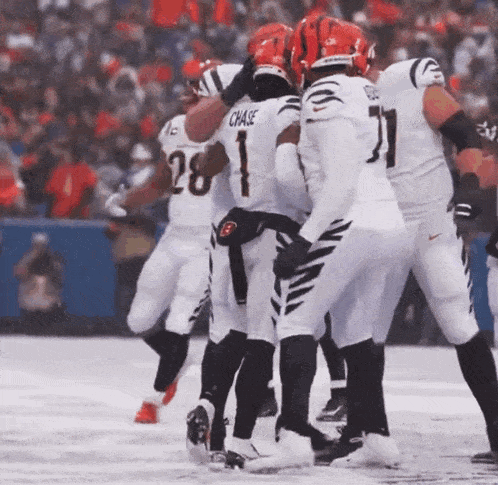 a group of football players including number 1 chase and number 27