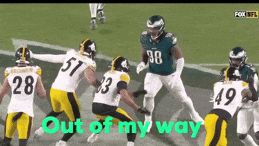 A Group Of Football Players On A Field With The Words Out Of My Way Written Below Them GIF