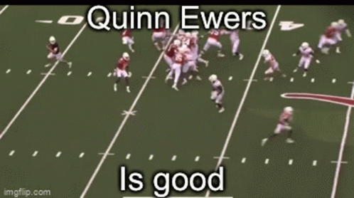 A Group Of Football Players Running On A Field With The Words `` Quinn Ewers Is Good '' . GIF
