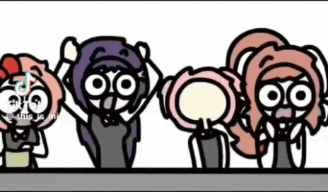 A Group Of Four Cartoon Characters Are Standing Next To Each Other . GIF