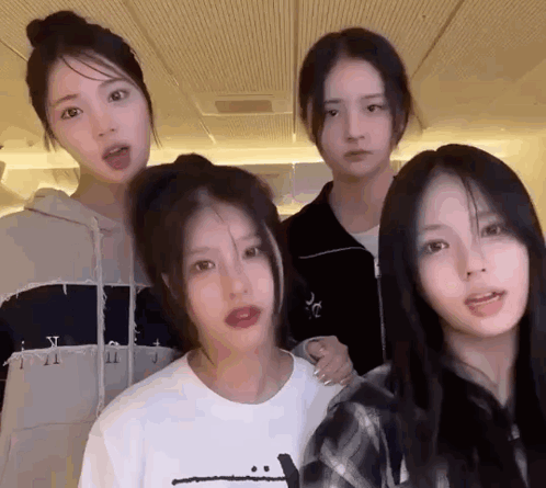 A Group Of Four Girls Are Standing Next To Each Other In A Room . GIF