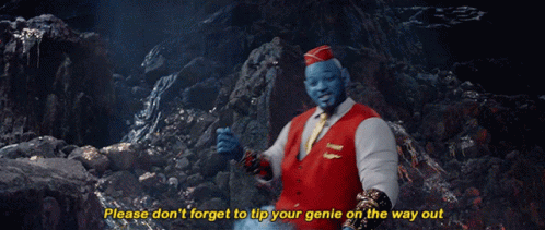 A Group Of Genies Are Standing Next To Each Other With The Words " Please Don T Forget To Tip Your Genie On The Way Out GIF
