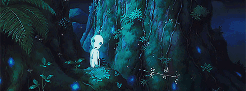 A Group Of Ghosts Standing Next To A Tree In A Forest . GIF