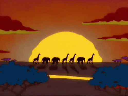 A Group Of Giraffes And Elephants Are Walking In Front Of A Large Sun GIF