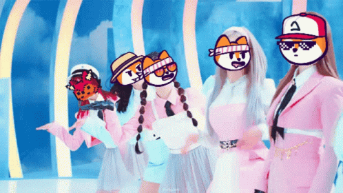 A Group Of Girls Are Posing For A Picture With Cartoon Faces On Their Heads GIF