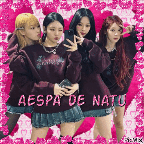 A Group Of Girls Are Posing For A Picture With The Name Aespa De Natu Written On The Bottom GIF