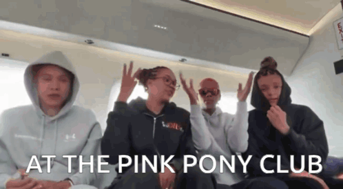 A Group Of Girls Are Sitting On A Plane With The Words " At The Pink Pony Club " Written Above Them GIF