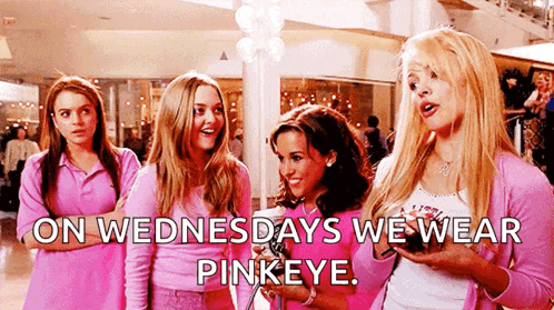 A Group Of Girls Are Standing Next To Each Other In A Mall Wearing Pink . GIF