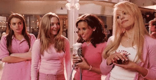 A Group Of Girls Are Standing Next To Each Other In A Shopping Mall . GIF