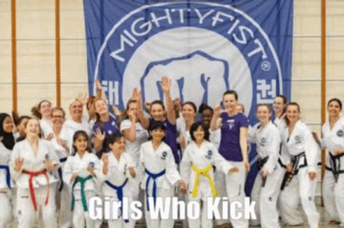 A Group Of Girls In Karate Uniforms Are Posing For A Picture In Front Of A Banner That Says `` Girls Who Kick '' . GIF