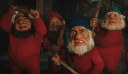 A Group Of Gnomes In Red Jumpsuits Are Holding Axes GIF
