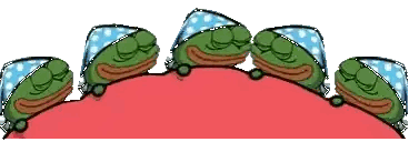a group of green frogs wearing blue polka dot hats are sitting on a red blanket .
