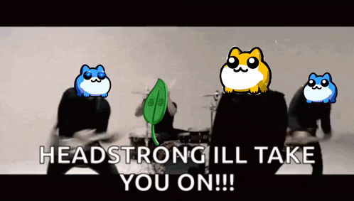 A Group Of Hamsters Are Playing Drums In A Video That Says Headstrong Ill Take You On !!! GIF