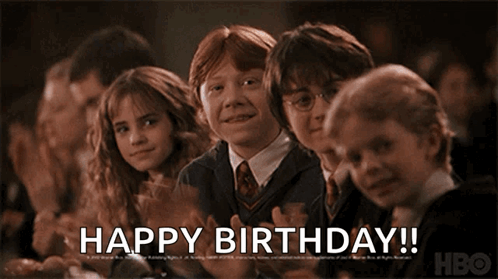 A Group Of Harry Potter Characters With The Words Happy Birthday On The Bottom GIF
