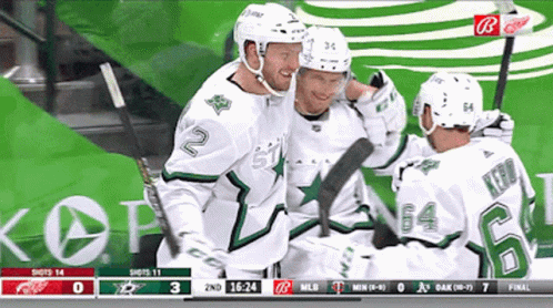 A Group Of Hockey Players Are Celebrating A Goal In Front Of A Scoreboard That Says Kop GIF