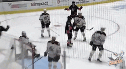 A Group Of Hockey Players Are Playing On A Rink With A Rimpact Banner On The Ice GIF