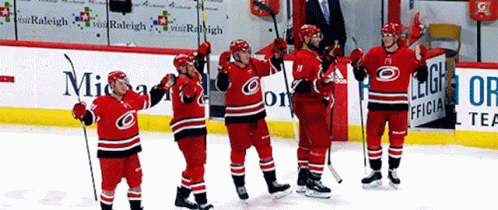 A Group Of Hockey Players Are Standing On The Ice In Front Of An Ad For Raleigh GIF