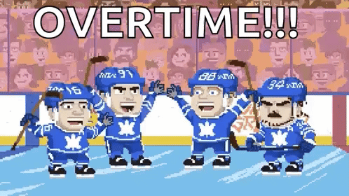 A Group Of Hockey Players Are Standing On The Ice With The Words Overtime Written In The Background GIF