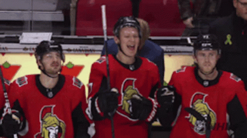 A Group Of Hockey Players Wearing Red And Black Jerseys GIF