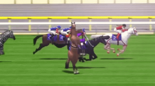 A Group Of Horses Are Racing On A Track And One Of The Horses Has The Number 2 On It GIF