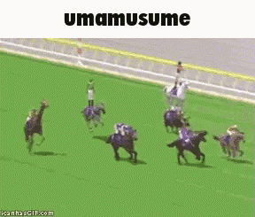 A Group Of Horses Are Racing On A Track And The Word Umamusume Is On The Bottom Of The Image . GIF