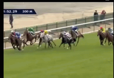 A Group Of Horses Are Racing On A Track With The Time Of 1:52.29 GIF
