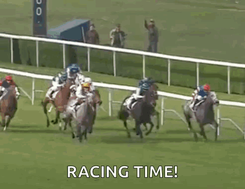 A Group Of Horses Are Racing On A Track With The Words Racing Time Written On The Bottom GIF