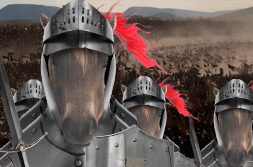 A Group Of Horses Wearing Armor And Helmets Are Standing In A Field GIF