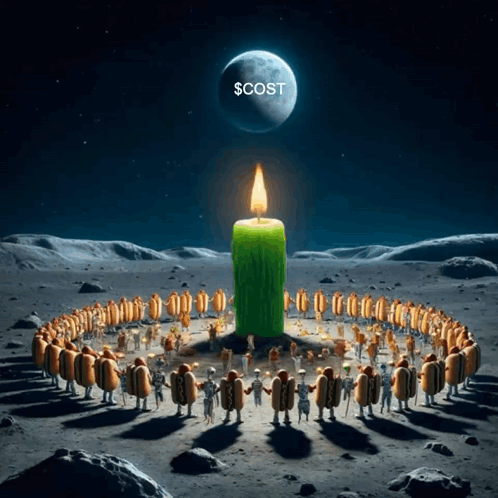 A Group Of Hot Dogs Are Standing Around A Green Candle With A $ Cost Written Above Them GIF