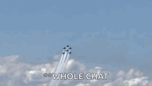 A Group Of Jets Are Flying Through A Blue Sky With Smoke Trails And The Words Whole Chat Below Them GIF