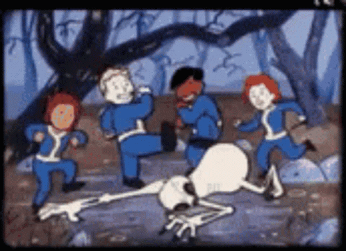 A Group Of Kids Are Running Around A Skeleton In A Video Game GIF