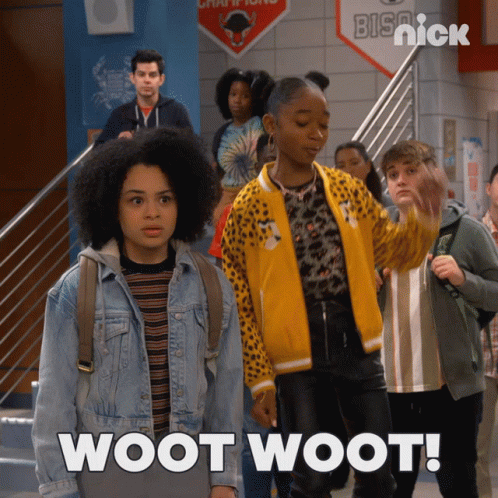 A Group Of Kids Are Standing In A Hallway With The Words Woot Woot Written On The Bottom GIF