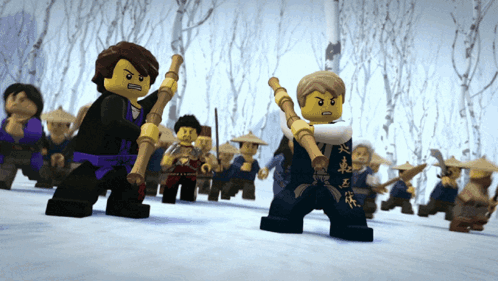A Group Of Lego Figures Are Standing In The Snow Holding Sticks GIF