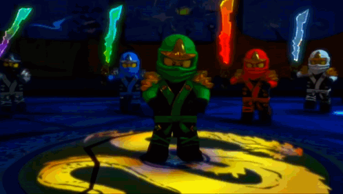 A Group Of Lego Ninjago Characters Are Holding Swords GIF