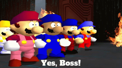 A Group Of Mario Characters Are Standing In Front Of A Fire And The Words Yes Boss Are On The Bottom GIF