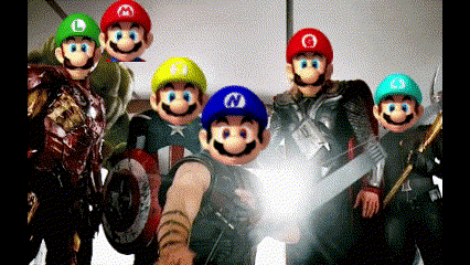 A Group Of Mario Characters Posing For A Photo GIF