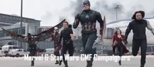 A Group Of Marvel And Star Wars Campaigners Are Running Towards An Airplane GIF