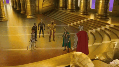 Marvel Characters Standing In Room With Gold Columns GIF