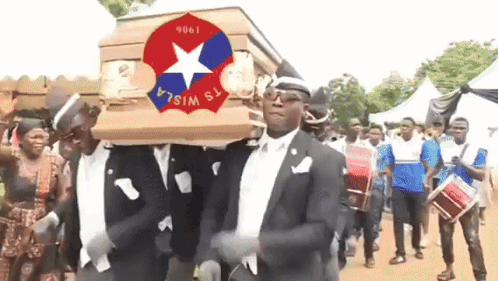 A Group Of Men Are Carrying A Coffin With A Star On It That Says ' As Wisma ' On It GIF