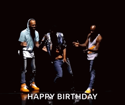 A Group Of Men Are Dancing In A Dark Room With The Words `` Happy Birthday '' Written In The Corner . GIF