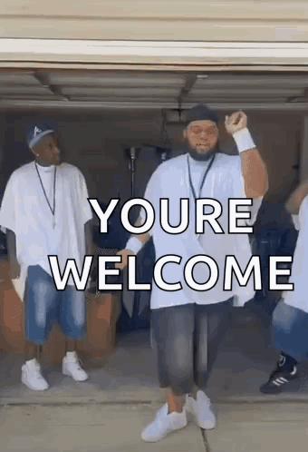 A Group Of Men Are Dancing In A Garage With The Words `` Youre Welcome '' Written On The Bottom . GIF