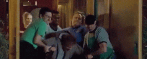 A Group Of Men Are Dancing In A Room With The Words Applebees Has Rats Written On The Bottom GIF
