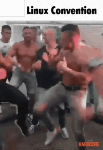 A Group Of Men Are Dancing In A Room With The Words Linux Convention On The Top GIF
