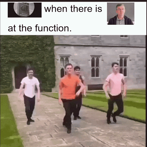 a group of men are dancing in front of a building with the words when there is at the function