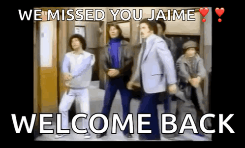 A Group Of Men Are Dancing In Front Of A Door With The Words Welcome Back On The Bottom GIF